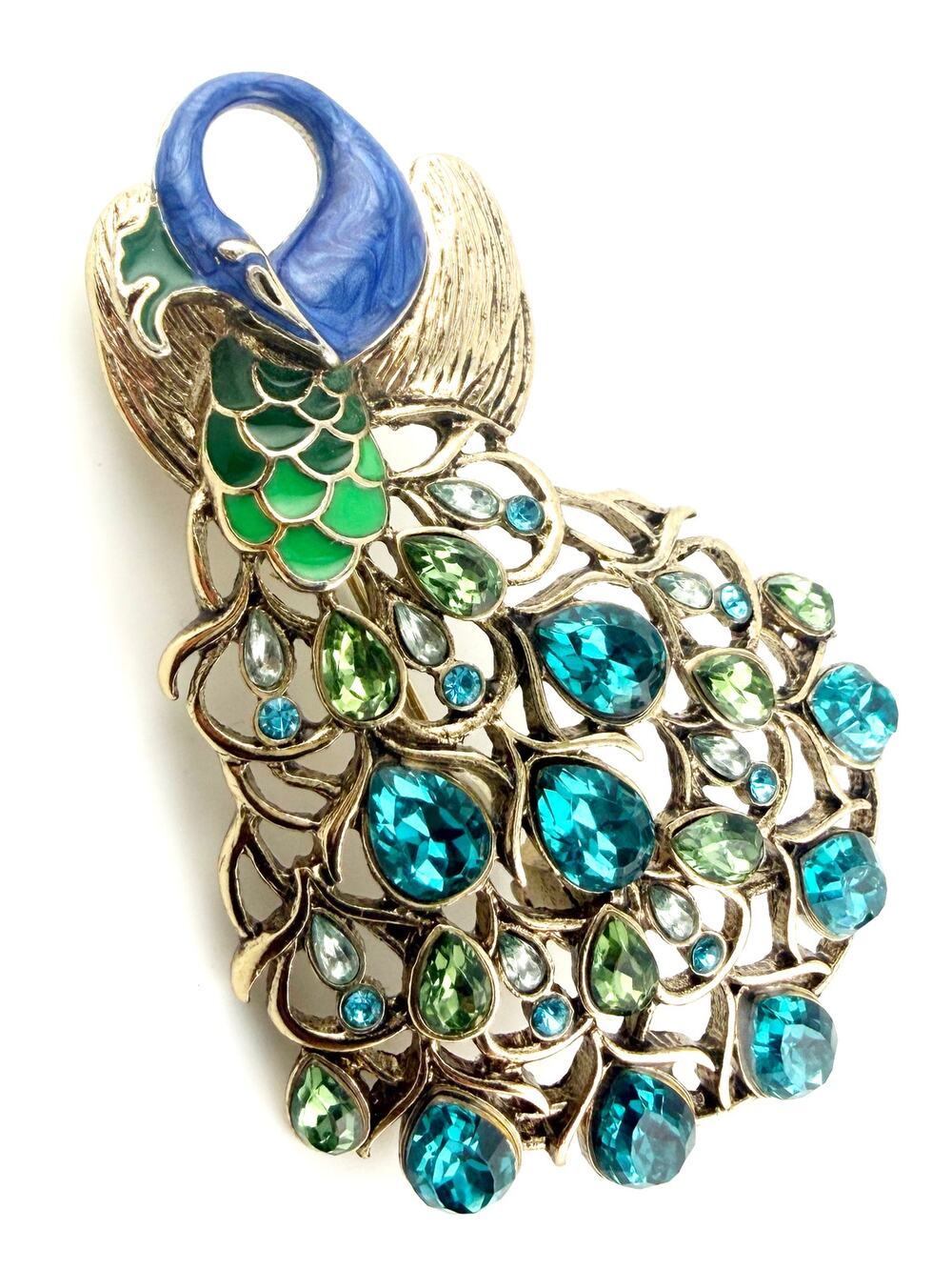 Dana Buchman Signed Peacock Brooch Blue Green Crystal Enamel Statement Pin